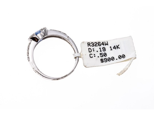 14k White Gold Contemporary Pale Blue Sapphire And Pave Set Diamond Ring, 0.19 TCW, Size 7