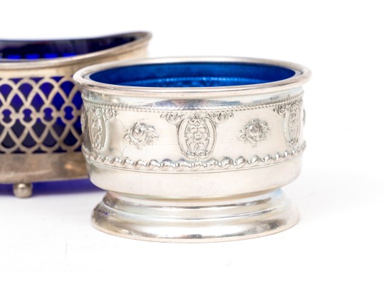 Four Sterling Salts With Blue Glass Inserts