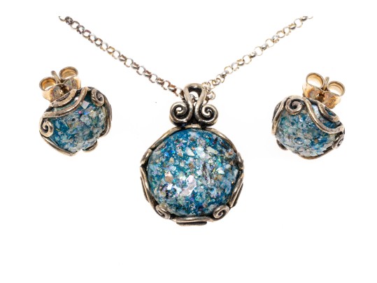 Sterling Silver And Roman Glass Necklace And Earrings Set