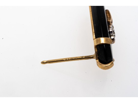 14k Yellow Gold Handsome Oval Black Onyx And Floral Motif Earrings