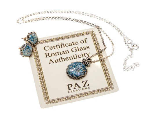 Sterling Silver And Roman Glass Necklace And Earrings Set