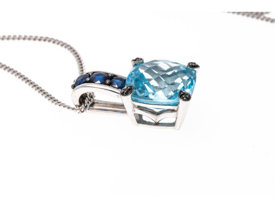 14K White Gold Necklace With 10K, Topaz And Sapphire Pendant