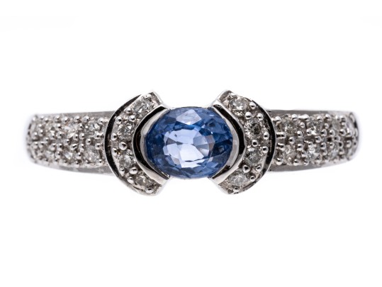 14k White Gold Contemporary Pale Blue Sapphire And Pave Set Diamond Ring, 0.19 TCW, Size 7
