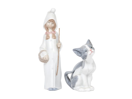Charming Pair Of Lladro Figurines, Including A Winsome Cat And Shepherdess