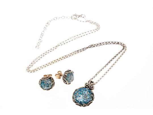 Sterling Silver And Roman Glass Necklace And Earrings Set