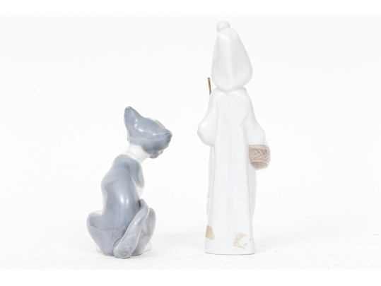 Charming Pair Of Lladro Figurines, Including A Winsome Cat And Shepherdess