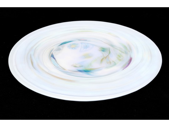 Yalos Casa Murano Beautiful Iridescent White Art Glass Round Platter