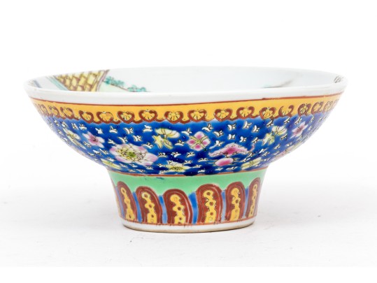 Beautiful Famille Rose Pedestal Bowl With Maidens In An Architectural Landscape