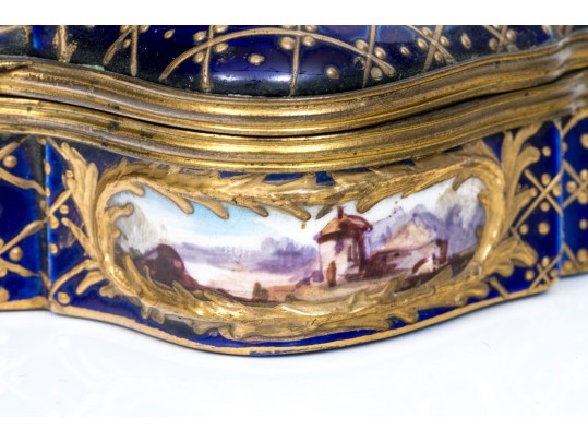 Antique Sevres Cobalt Blue Lattice Patterned Box With Village Scenes And Panels, Circa 1772