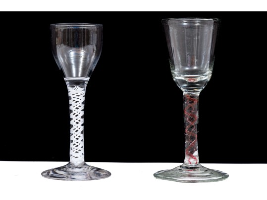 Two Antique Spiral Stem Cordial Glasses