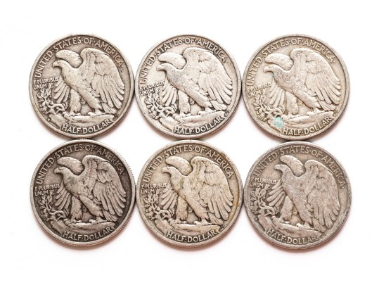Six Walking Liberty Half Dollars, Circulated