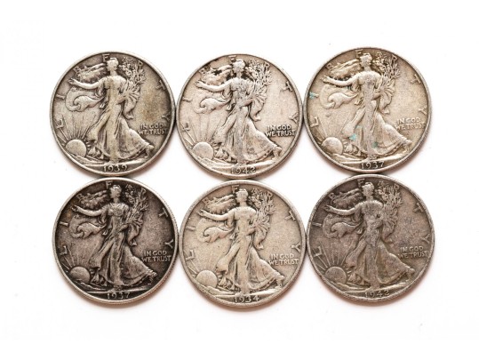 Six Walking Liberty Half Dollars, Circulated