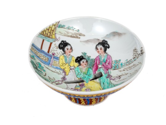 Beautiful Famille Rose Pedestal Bowl With Maidens In An Architectural Landscape