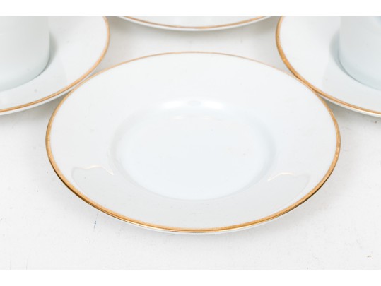 Tiffany & Co. Lovely Set Of Four White China Demitasse Espresso Cups And Saucers, Gold Tone Rim