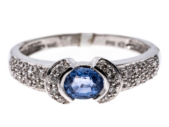 14k White Gold Contemporary Pale Blue Sapphire And Pave Set Diamond Ring, 0.19 TCW, Size 7