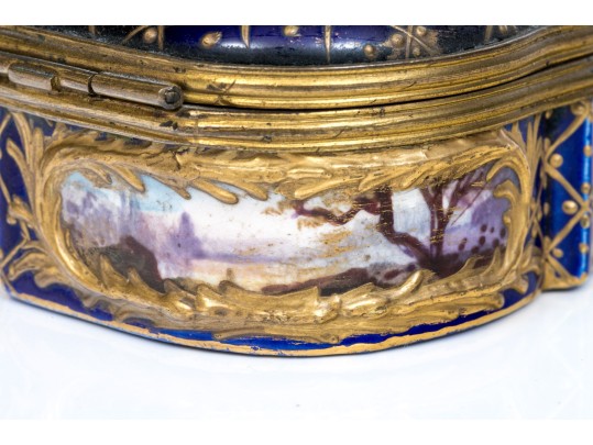 Antique Sevres Cobalt Blue Lattice Patterned Box With Village Scenes And Panels, Circa 1772