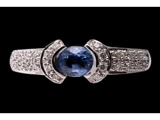 14k White Gold Contemporary Pale Blue Sapphire And Pave Set Diamond Ring, 0.19 TCW, Size 7