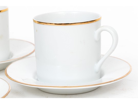 Tiffany & Co. Lovely Set Of Four White China Demitasse Espresso Cups And Saucers, Gold Tone Rim
