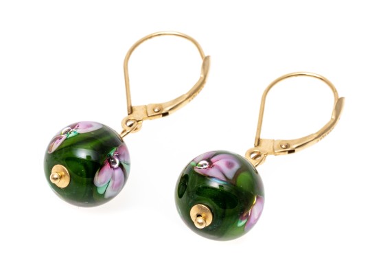 14k Yellow Gold Pretty Round Glass Ball Drop Earrings