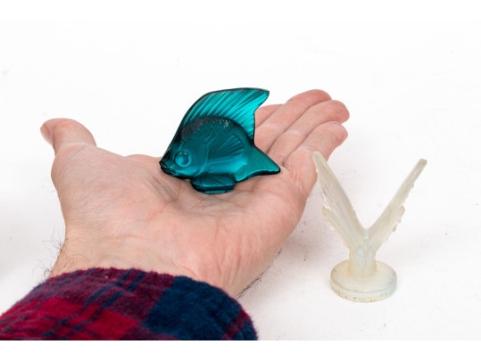 Charming Blue Green Lalique Fish, Boxed, With Sabino Iridescent Glass Butterfly