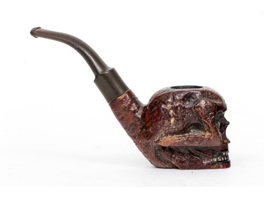 Unique Antique Folk Art Skull Motif Wooden Pipe, Painted Eyes