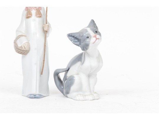 Charming Pair Of Lladro Figurines, Including A Winsome Cat And Shepherdess