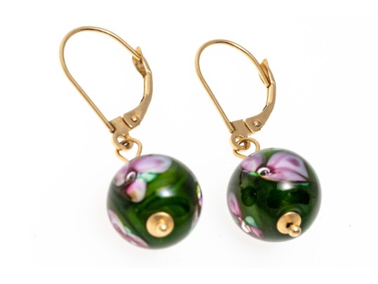 14k Yellow Gold Pretty Round Glass Ball Drop Earrings