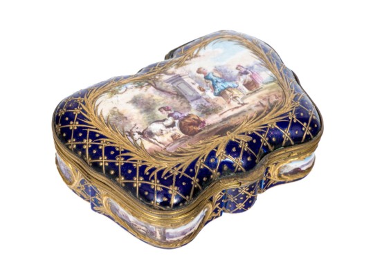 Antique Sevres Cobalt Blue Lattice Patterned Box With Village Scenes And Panels, Circa 1772