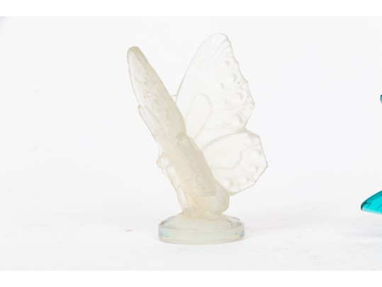 Charming Blue Green Lalique Fish, Boxed, With Sabino Iridescent Glass Butterfly