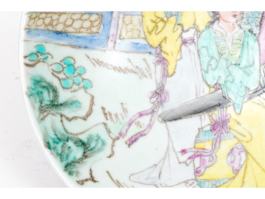 Beautiful Famille Rose Pedestal Bowl With Maidens In An Architectural Landscape