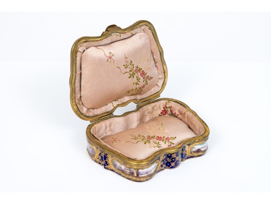 Antique Sevres Cobalt Blue Lattice Patterned Box With Village Scenes And Panels, Circa 1772