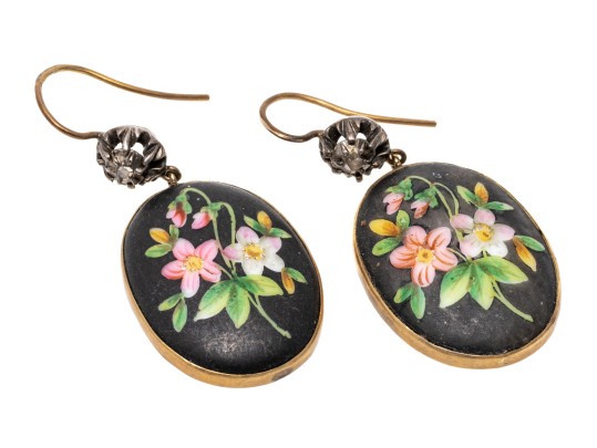 14k Two Tone Antique Rose Cut Diamond And Porcelain Flower Motif Drop Earrings