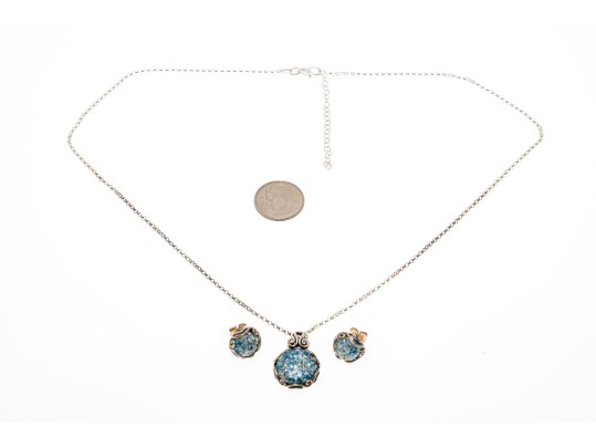 Sterling Silver And Roman Glass Necklace And Earrings Set