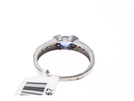 14k White Gold Contemporary Pale Blue Sapphire And Pave Set Diamond Ring, 0.19 TCW, Size 7
