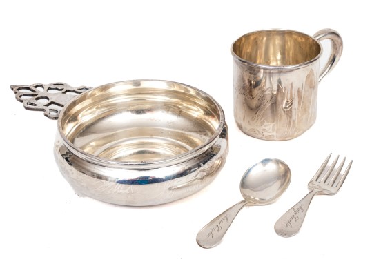 Vintage Sterling Baby Cup, Bowl, Fork And Spoon