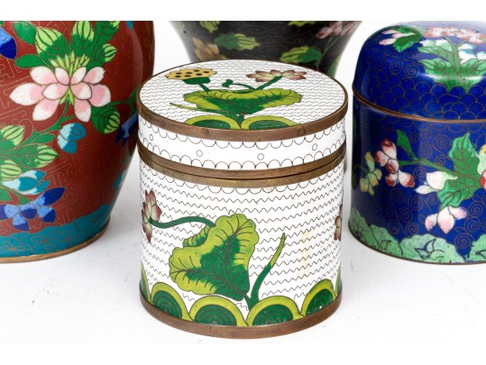 Lot Of Four Striking Vintage Chinese Cloisonne Pieces, Including A Ginger Jar