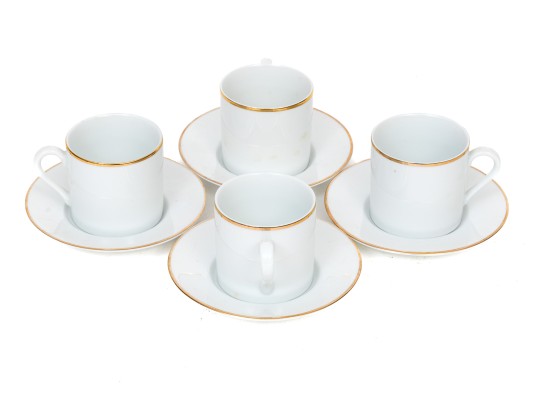 Tiffany & Co. Lovely Set Of Four White China Demitasse Espresso Cups And Saucers, Gold Tone Rim