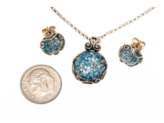 Sterling Silver And Roman Glass Necklace And Earrings Set