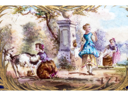 Antique Sevres Cobalt Blue Lattice Patterned Box With Village Scenes And Panels, Circa 1772