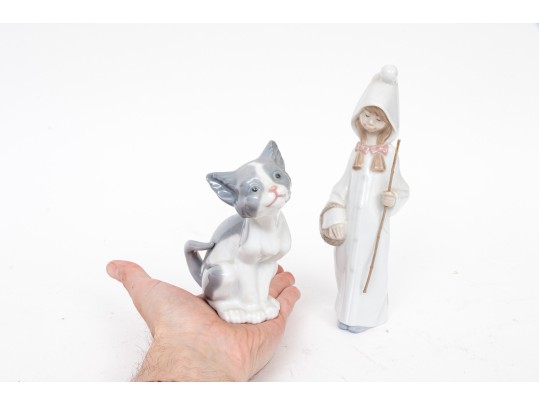 Charming Pair Of Lladro Figurines, Including A Winsome Cat And Shepherdess