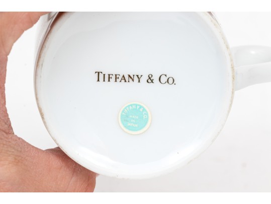 Tiffany & Co. Lovely Set Of Four White China Demitasse Espresso Cups And Saucers, Gold Tone Rim