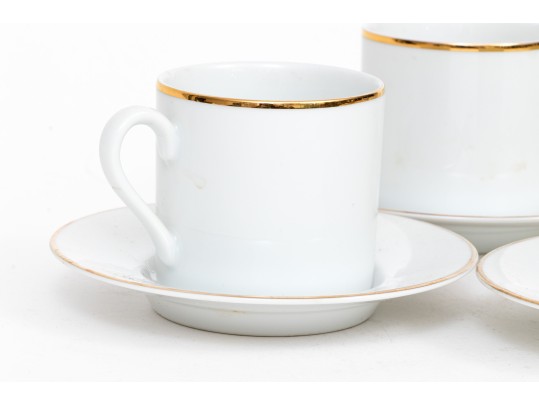 Tiffany & Co. Lovely Set Of Four White China Demitasse Espresso Cups And Saucers, Gold Tone Rim