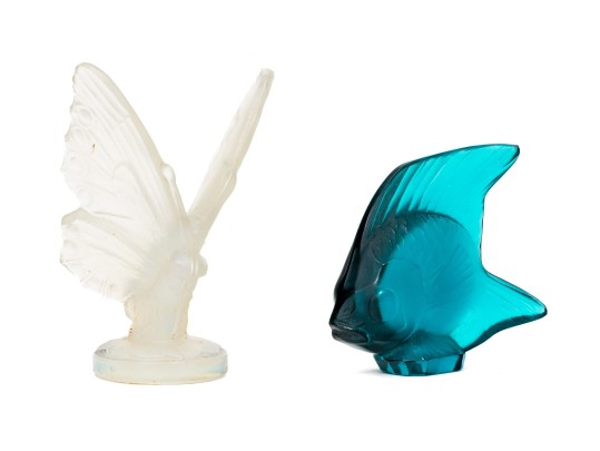 Charming Blue Green Lalique Fish, Boxed, With Sabino Iridescent Glass Butterfly