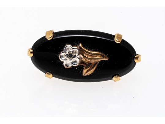 14k Yellow Gold Handsome Oval Black Onyx And Floral Motif Earrings