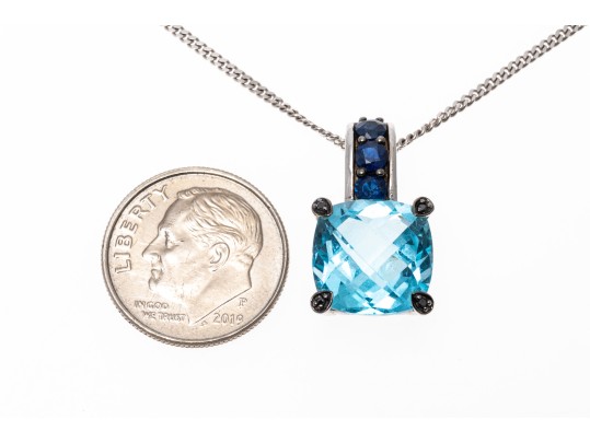 14K White Gold Necklace With 10K, Topaz And Sapphire Pendant