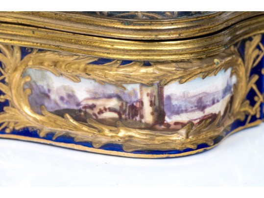 Antique Sevres Cobalt Blue Lattice Patterned Box With Village Scenes And Panels, Circa 1772