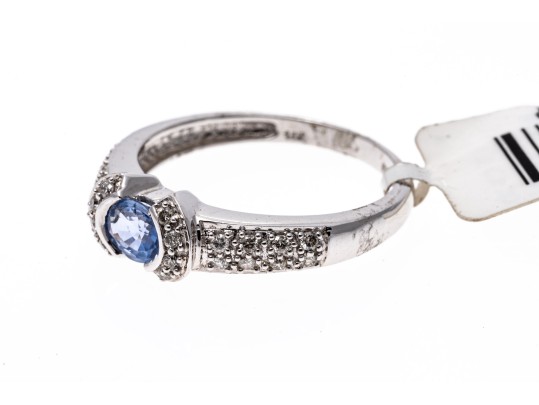 14k White Gold Contemporary Pale Blue Sapphire And Pave Set Diamond Ring, 0.19 TCW, Size 7