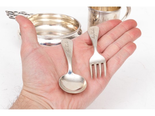 Vintage Sterling Baby Cup, Bowl, Fork And Spoon