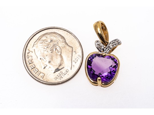 14k Yellow Gold Fun Apple Shaped Amethyst And Diamond Pendant
