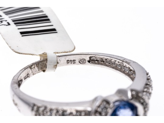 14k White Gold Contemporary Pale Blue Sapphire And Pave Set Diamond Ring, 0.19 TCW, Size 7